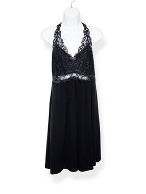 Soma Black Chemise Halter Nightgown with Black Lace Women's Size Large